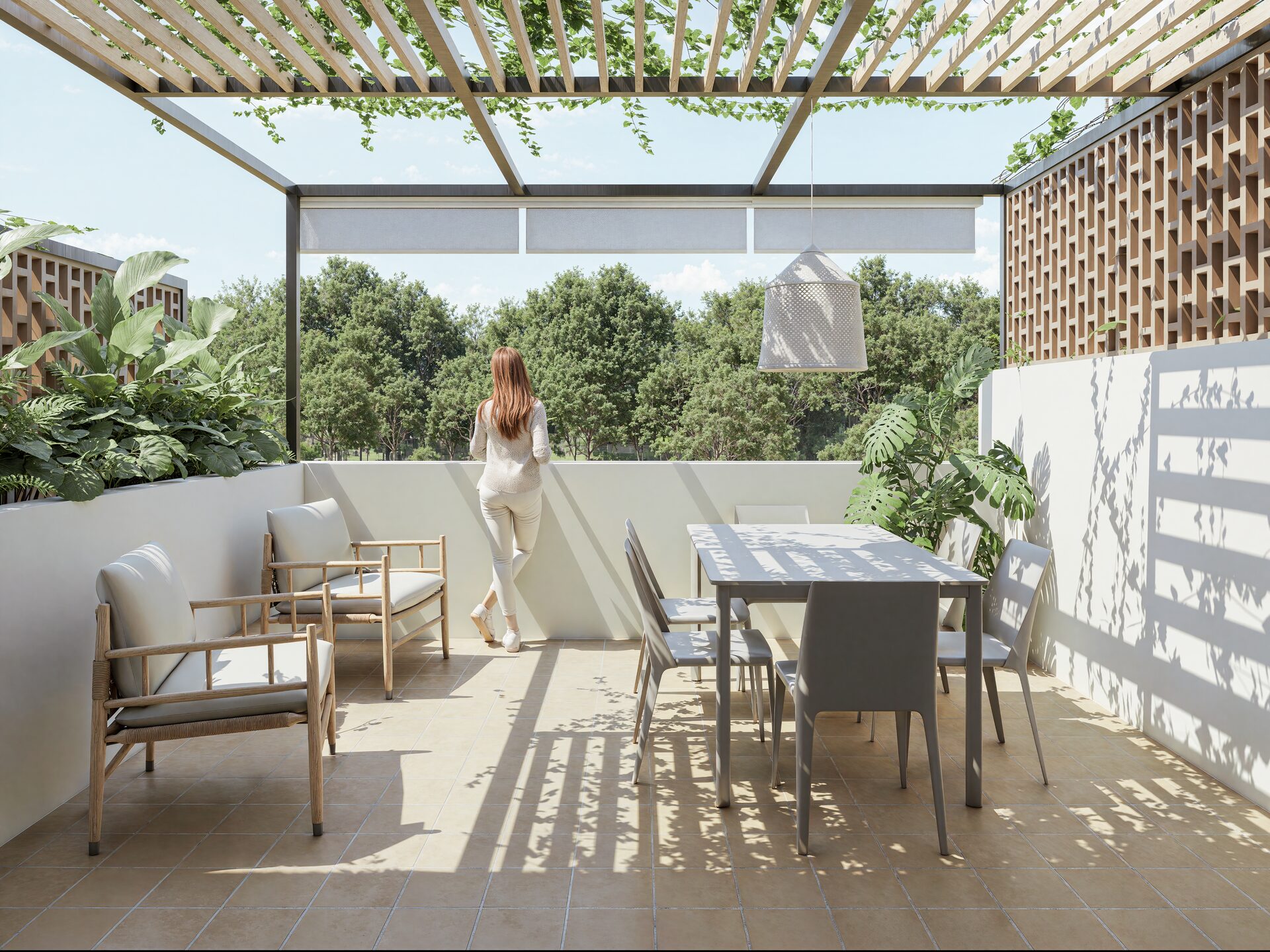 The bedroom opens onto a secluded and quiet terrace, designed for moments of quiet reflection.