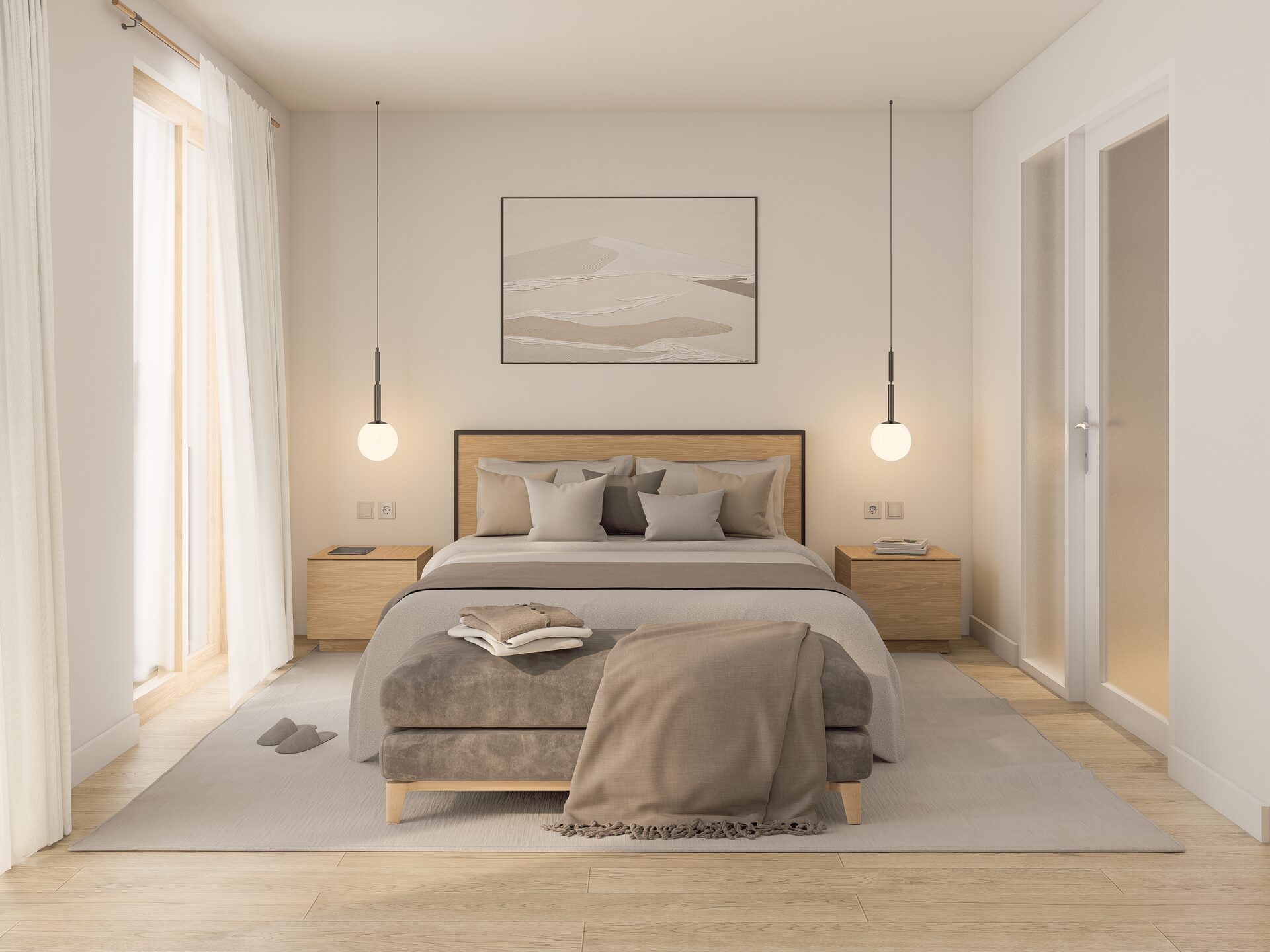 The suite is designed as an intimate and luminous retreat, where relaxation blends seamlessly with the serenity of the surroundings.