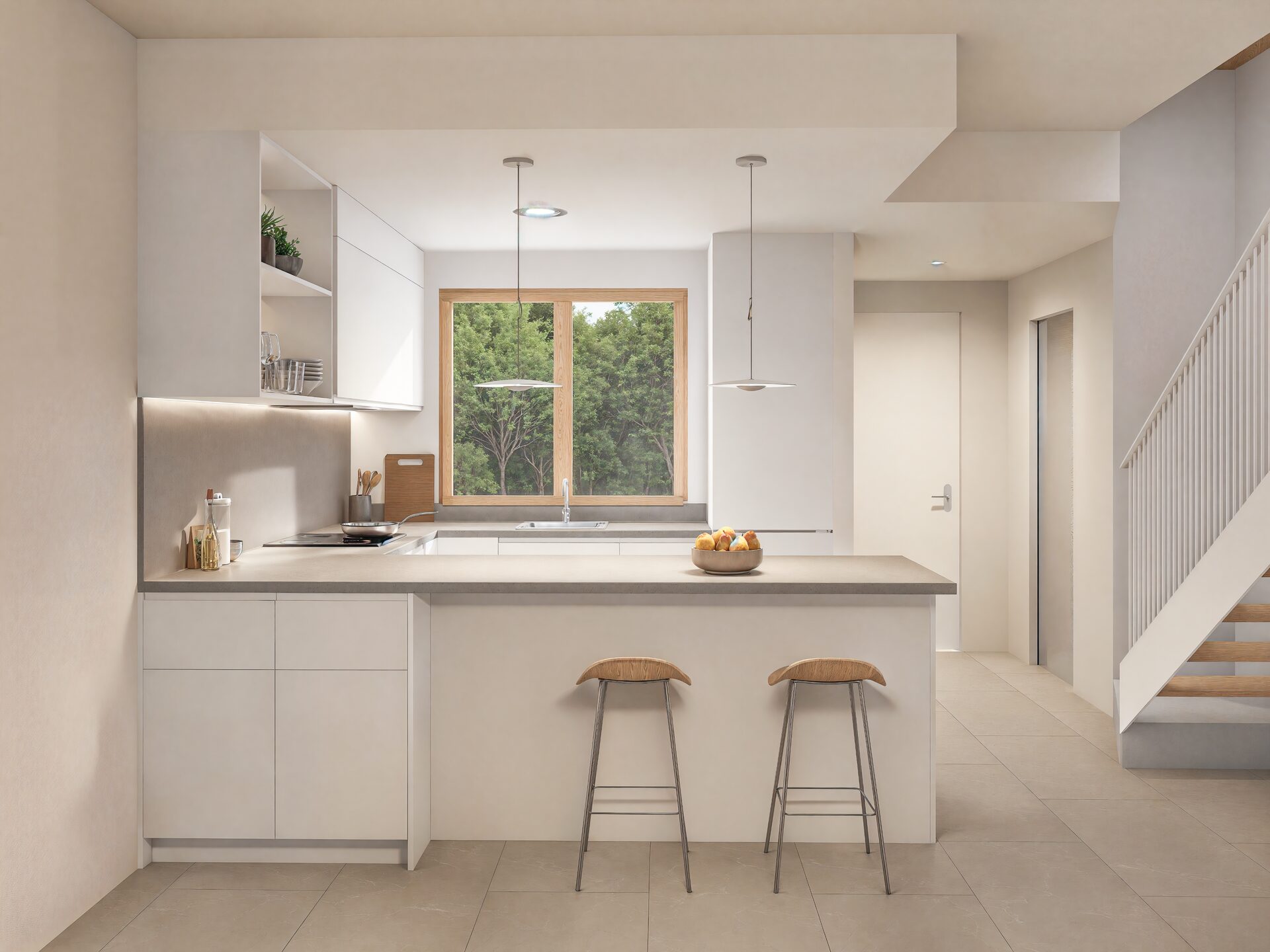 The living room, dining room, and kitchen coexist harmoniously, creating distinct environments without losing continuity.