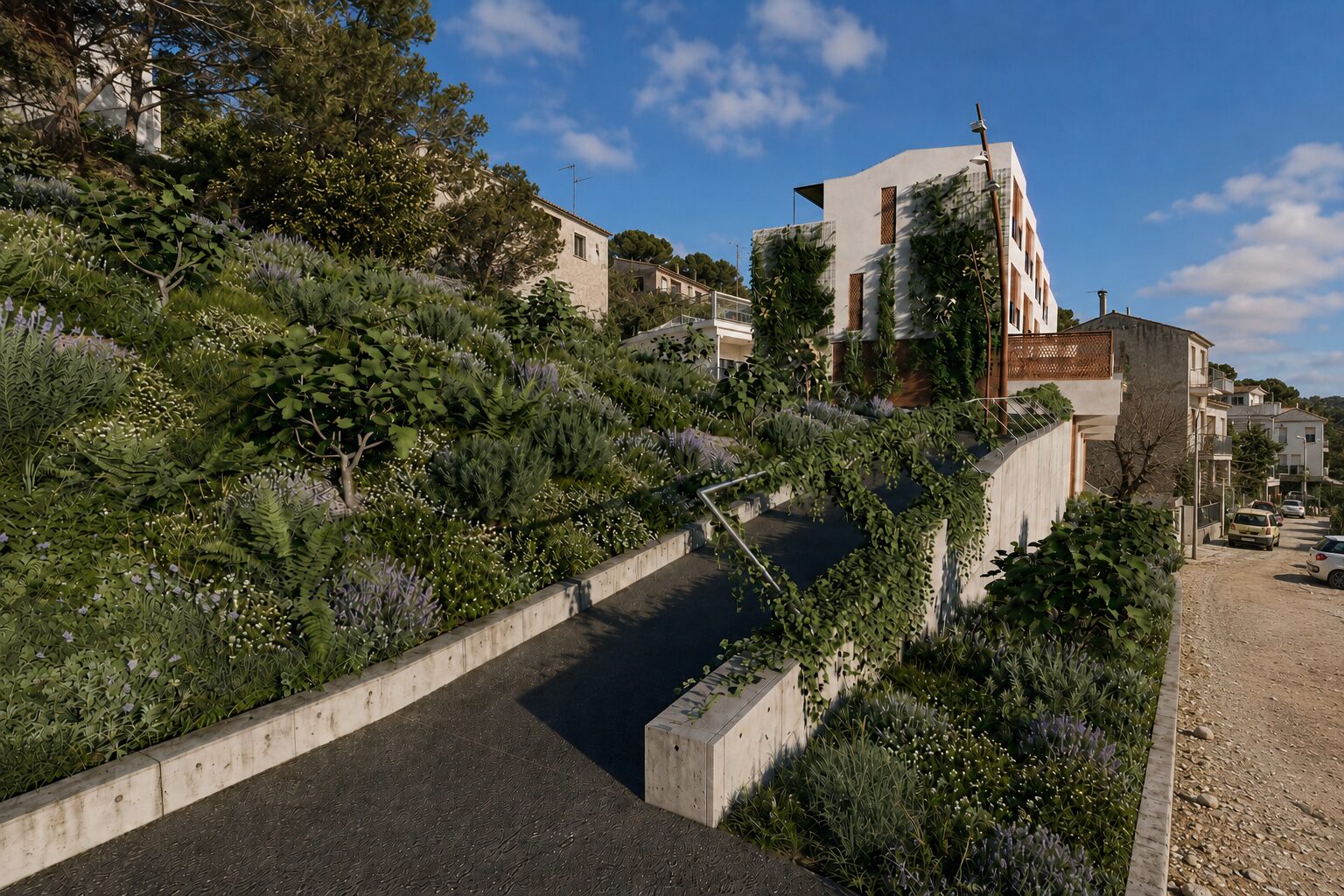 We connect the two facades with a gentle and peaceful walkway