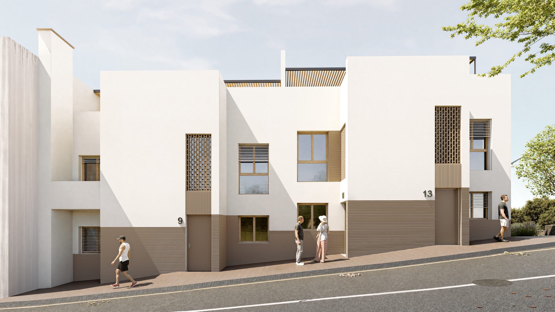 Pedestrian access from Aiguablava Street “A serene yet urban entrance: the gateway to a warm, natural home full of life.”